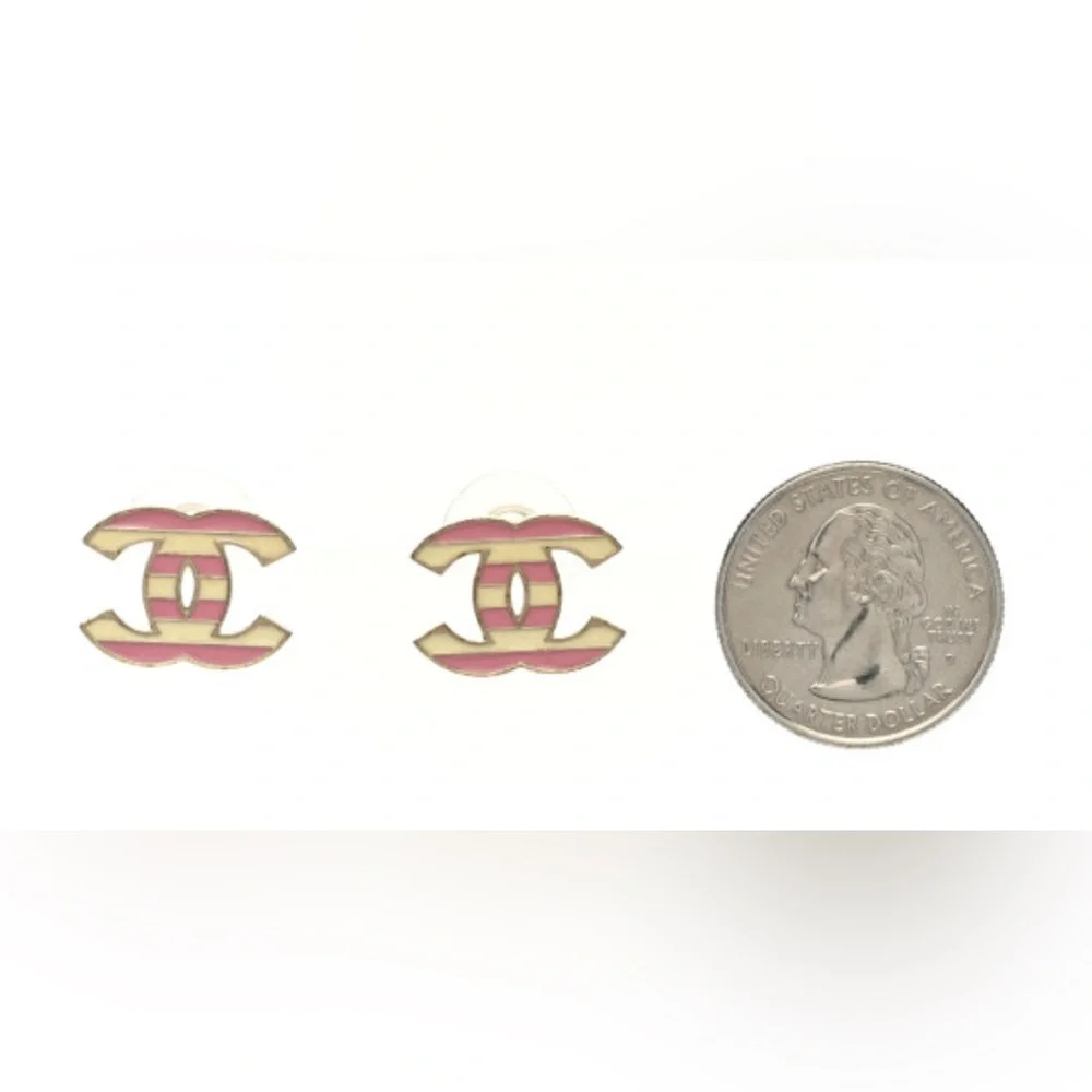 Chanel Pink and White Striped Logo Earrings